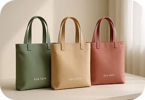 Eco-tote bags in trendy muted colors displayed on a neutral background. Focus on modern style and minimalist design