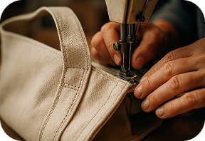 Close-up of a tote bag being sewn with visible double stitching on thick organic fabric. Focus on texture and build quality