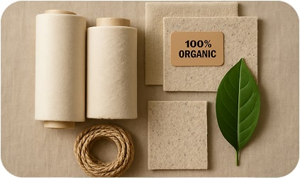 Natural materials for eco-friendly bags: organic cotton, recycled fabric, hemp rope, and a green leaf on linen